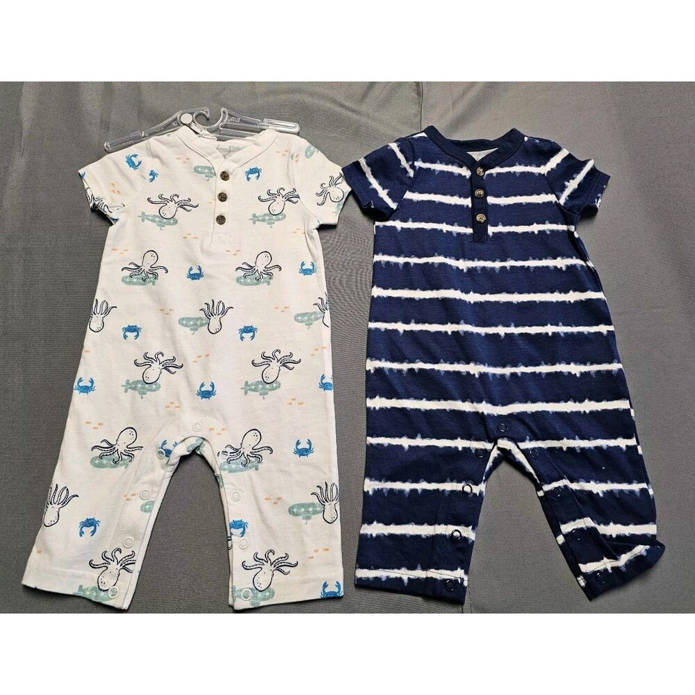 Carter's 0-3 Mo Boy's 2 Piece Short Sleeve Romper Set Blue Beach Submarine Crab